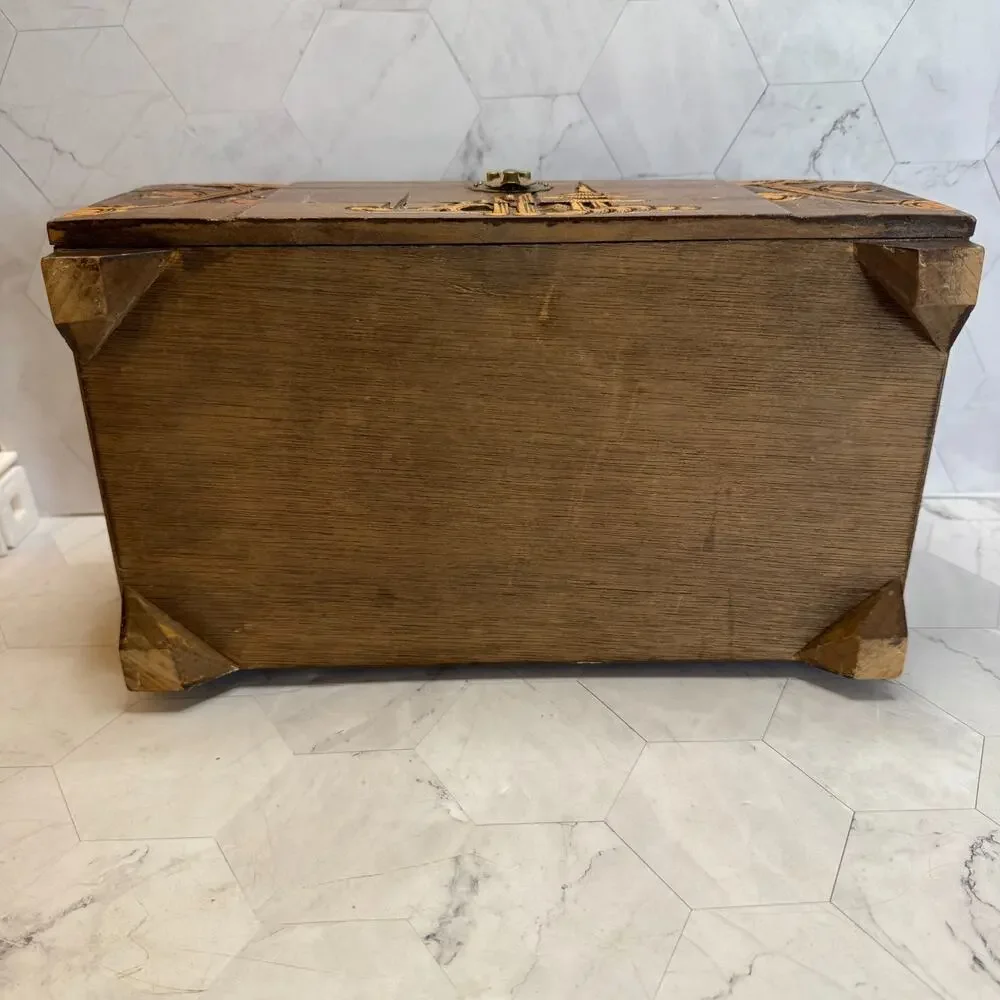 Vintage Asian Carved Jewelry Music Box Wood Pagoda Scenes Dresser Chest in EUC